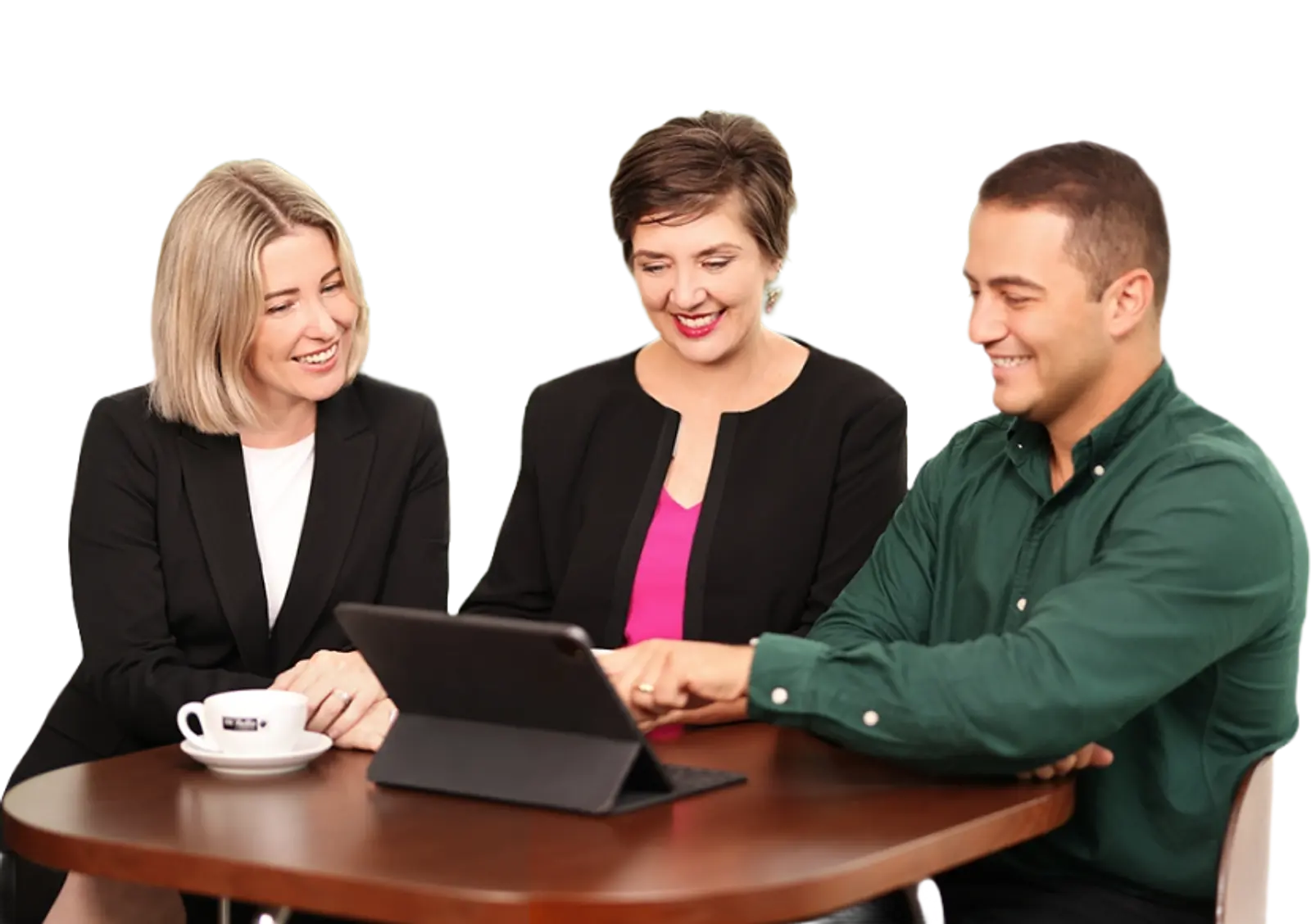 A business team collaborates around a tablet during professional development, supporting llnd assessments.