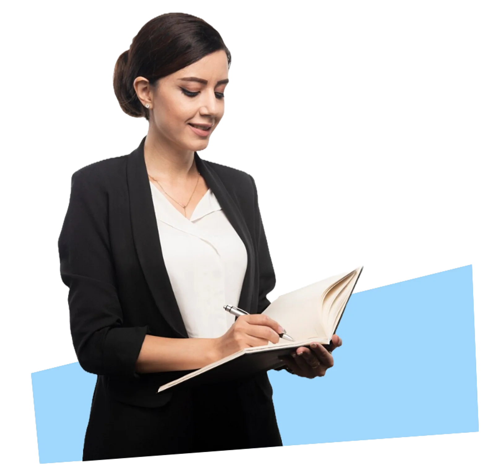 Businesswoman | CAQA LLND A businesswoman smiles while writing in a notebook, representing resource development for CAQA LLND.