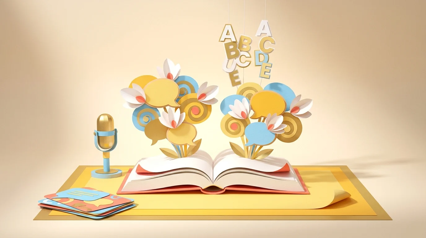 An open book releases colorful letters and floral shapes, representing CAQA LLND's literacy training.