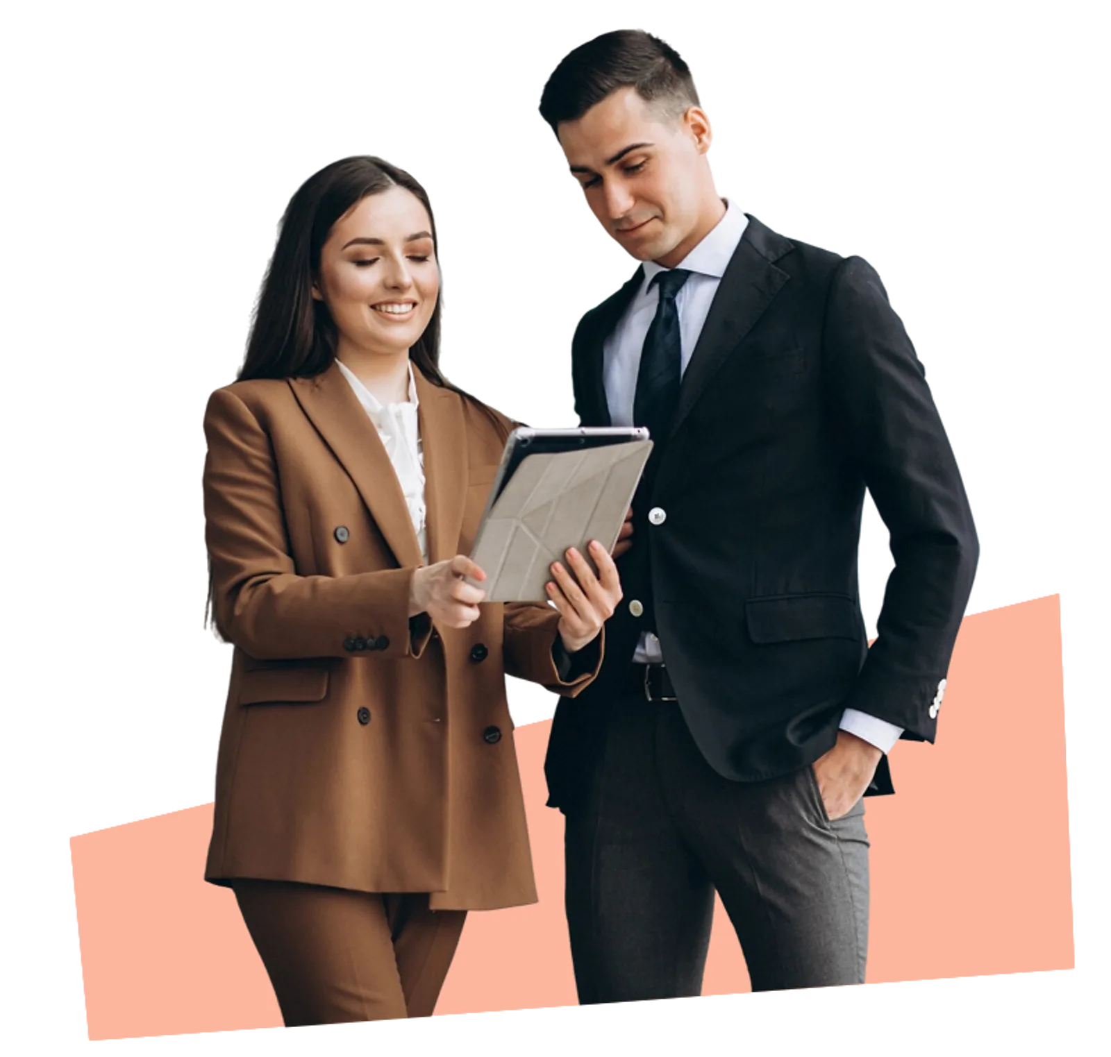 Two business professionals review data on a tablet during CAQA LLND consultancy services.