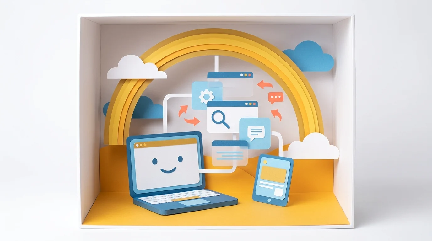 A papercraft scene illustrates digital devices and concepts related to connection, supporting LLND skills.