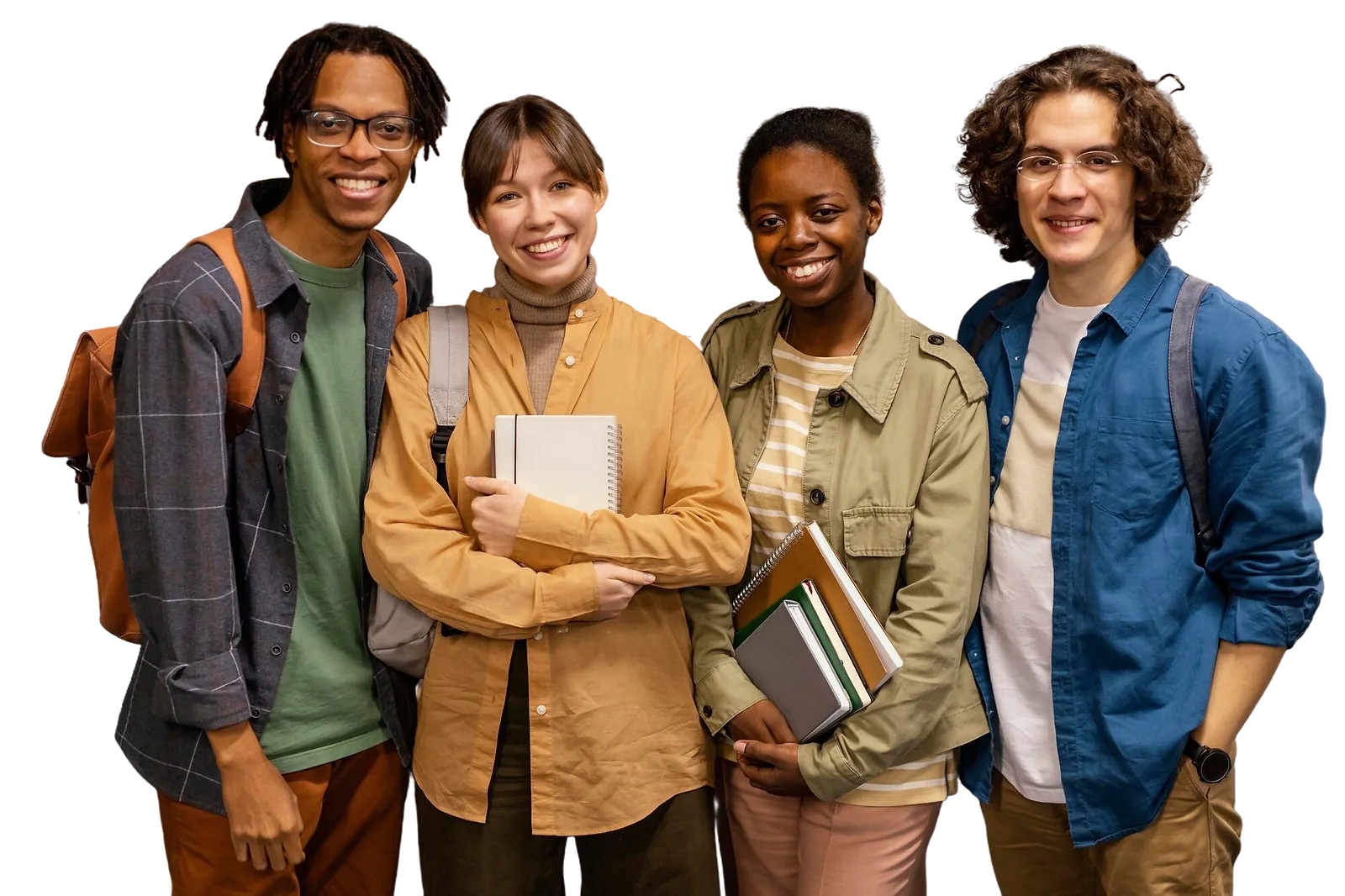 Four diverse students smile while holding books, showcasing CAQA LLND's commitment to skills development.