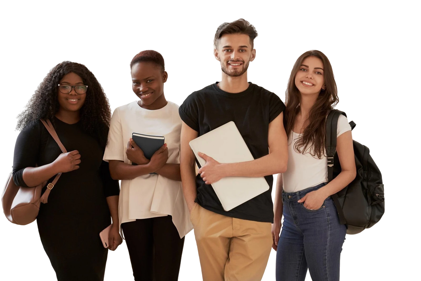 Diverse Students | CAQA LLND Four diverse students stand together holding books and backpacks, demonstrating CAQA LLND's commitment to skills development.