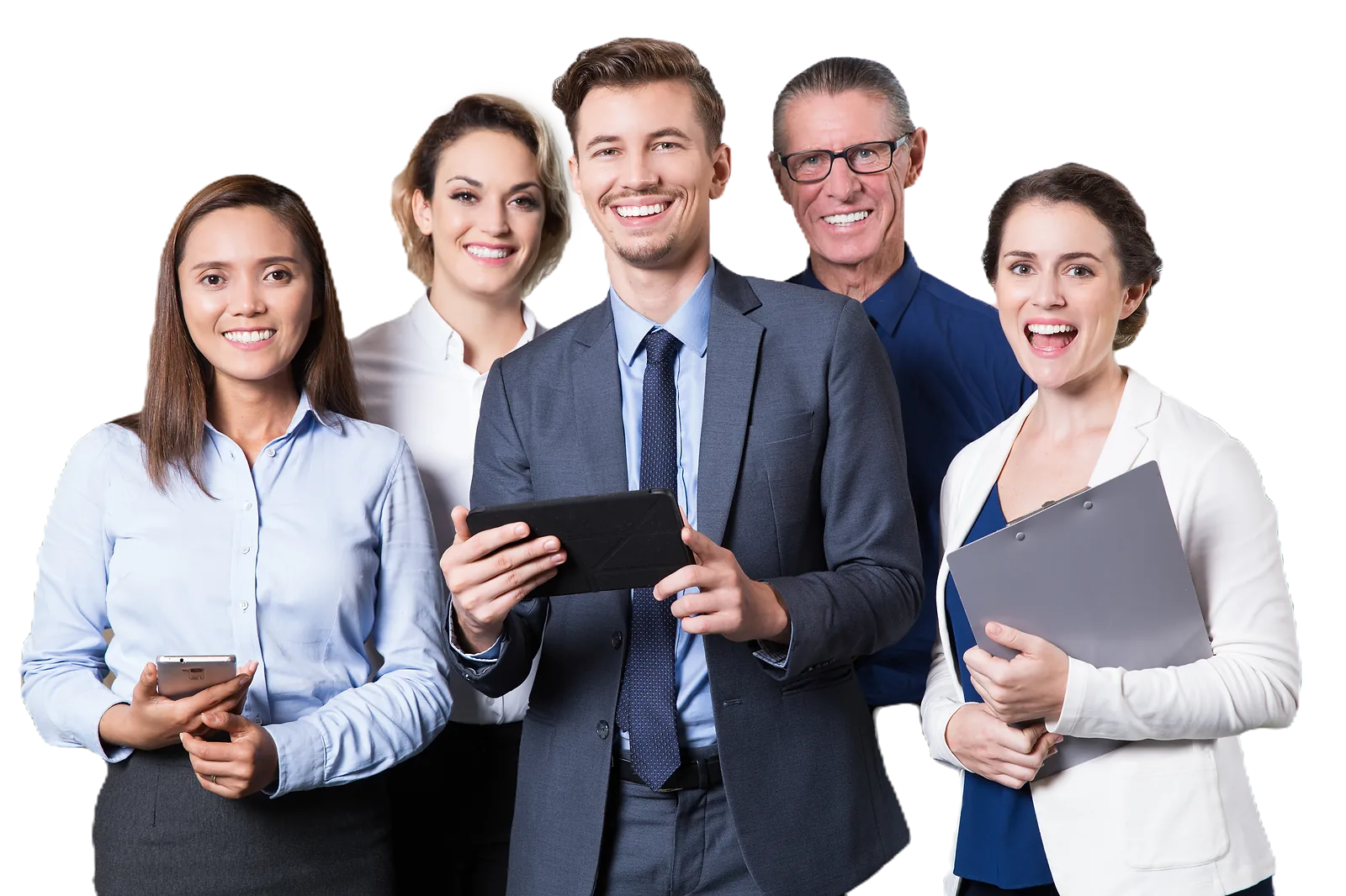 A diverse group of business professionals smiles at the camera, showcasing CAQA LLND's commitment to a positive work.