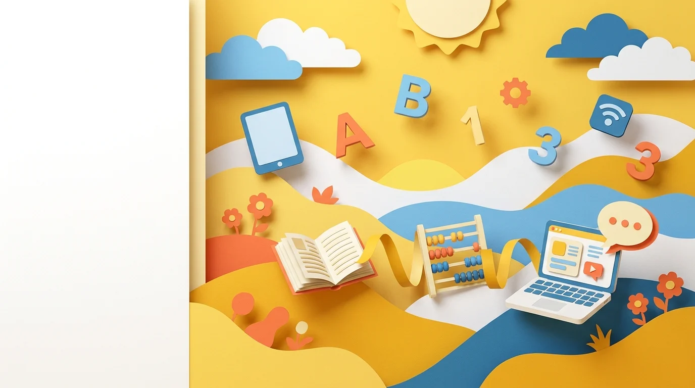 A colorful papercraft scene illustrates educational tools like books and a laptop for skills development.