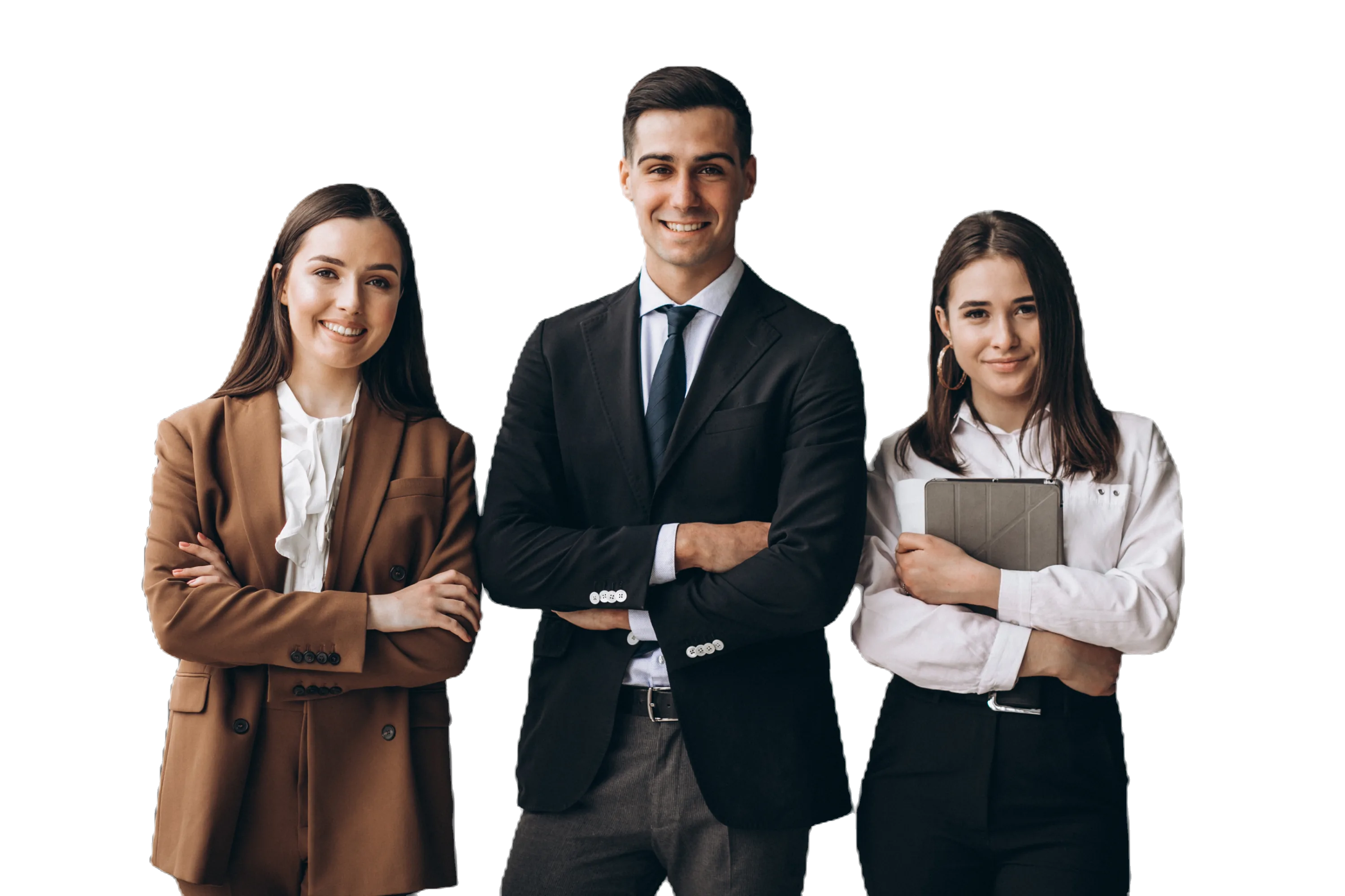 Three business professionals confidently pose with arms crossed and a tablet, demonstrating key employability skills.