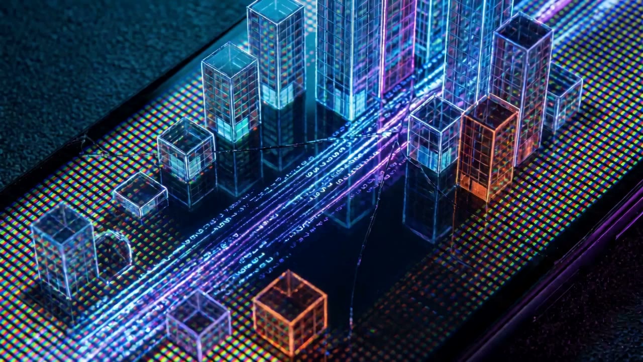 A glowing neon cityscape represents data literacy and digital skills training for employability.