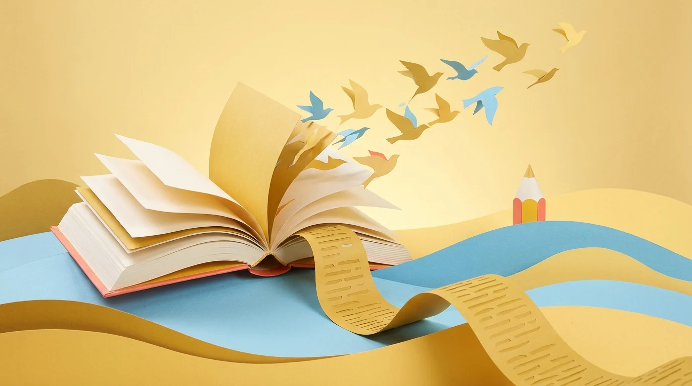 An open book releases birds and a scroll into a paper landscape, representing literacy skills training.