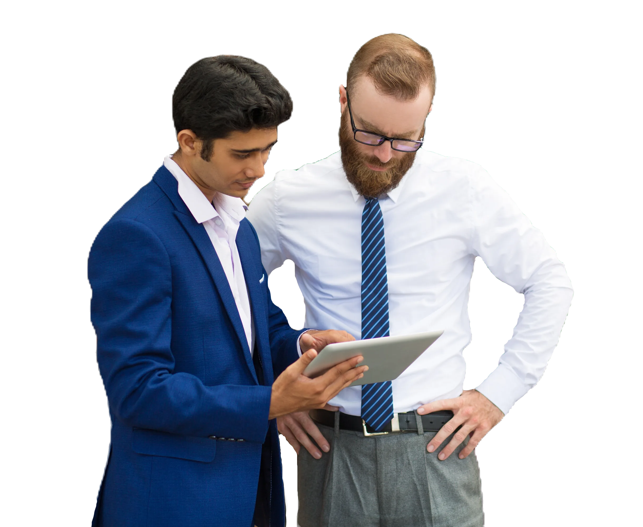 Two businessmen review LLND compliance data on a tablet during a meeting.