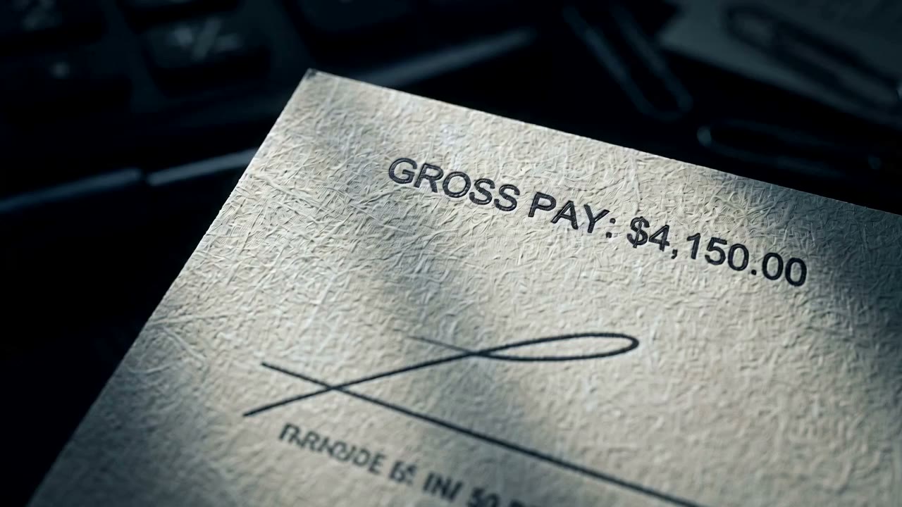 A signed paycheck displaying a gross pay of $4,150 illustrates workplace literacy and numeracy skills.