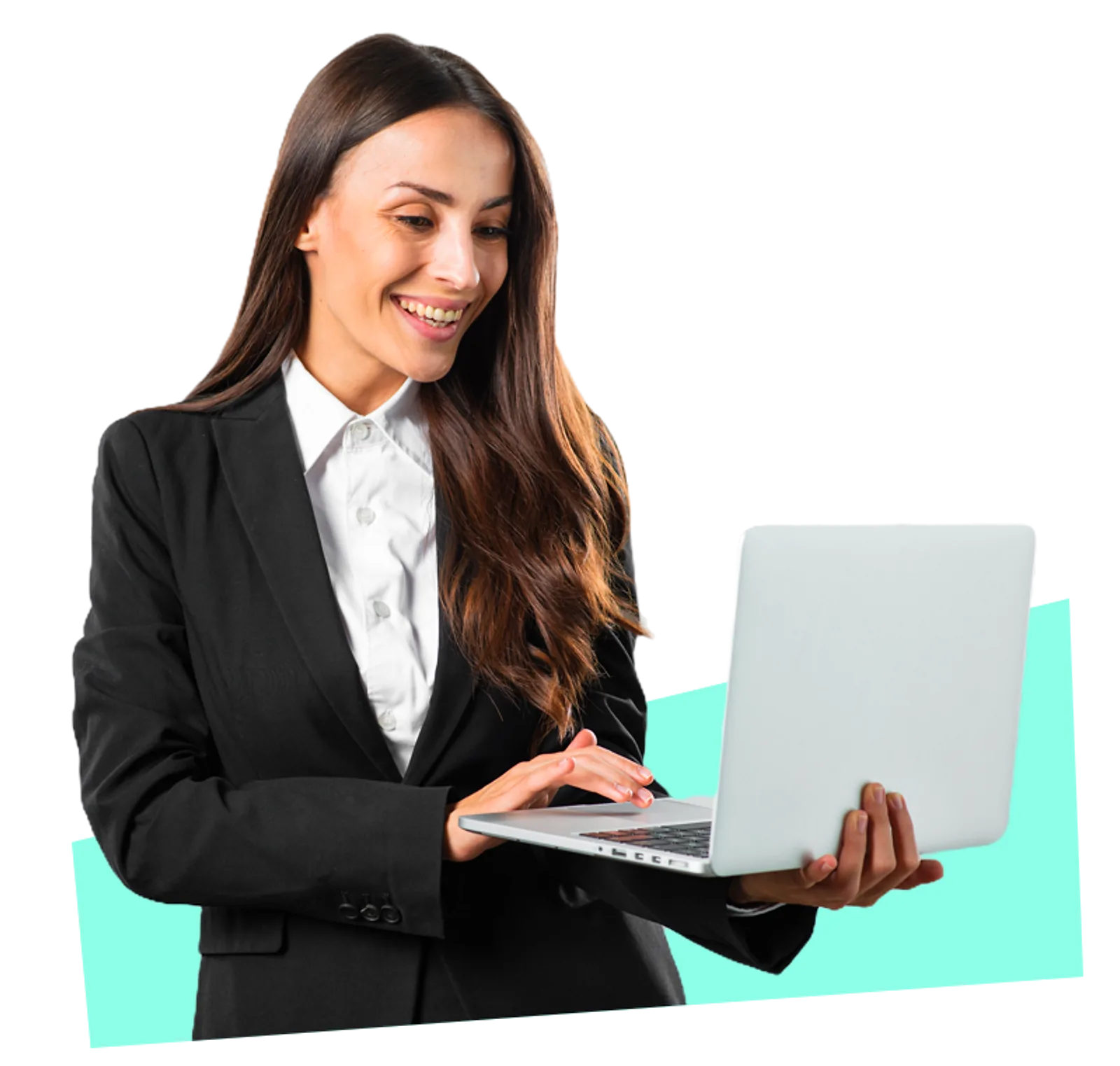 A smiling businesswoman holds and looks at a silver laptop, demonstrating digital skills training.