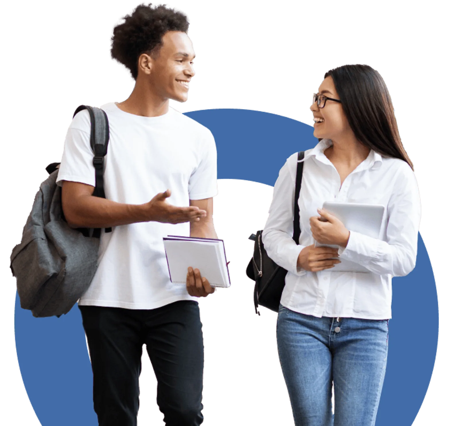 Students | CAQA LLND Two students walk and talk with books, demonstrating skills development resources.
