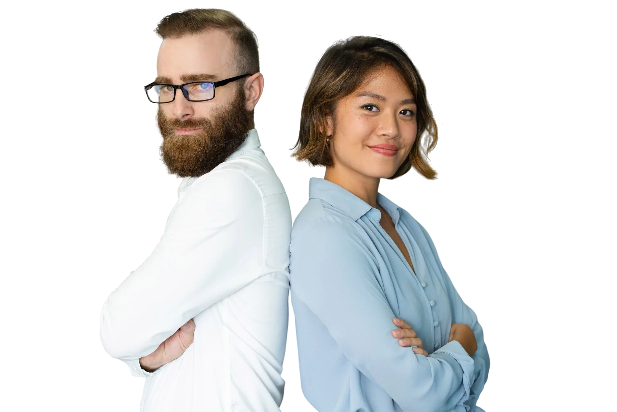 A man and woman stand back-to-back, demonstrating collaboration for employability skills.