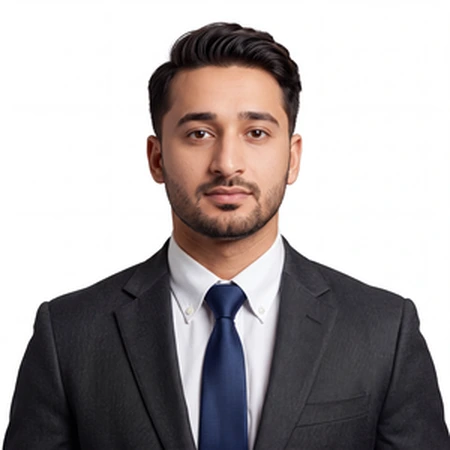 A man in a suit and tie poses for a professional headshot of Ahsan Iqbal.