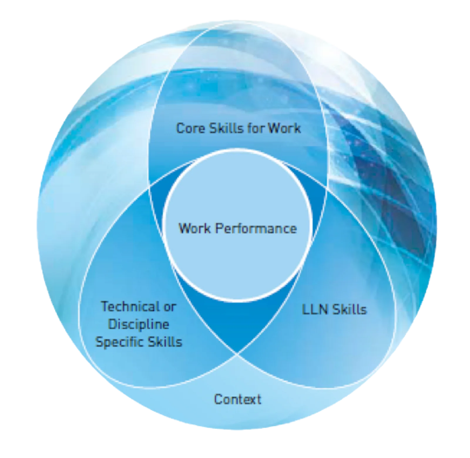 A Venn diagram shows how skills and context combine for optimal work performance, relating to llnd assessments.