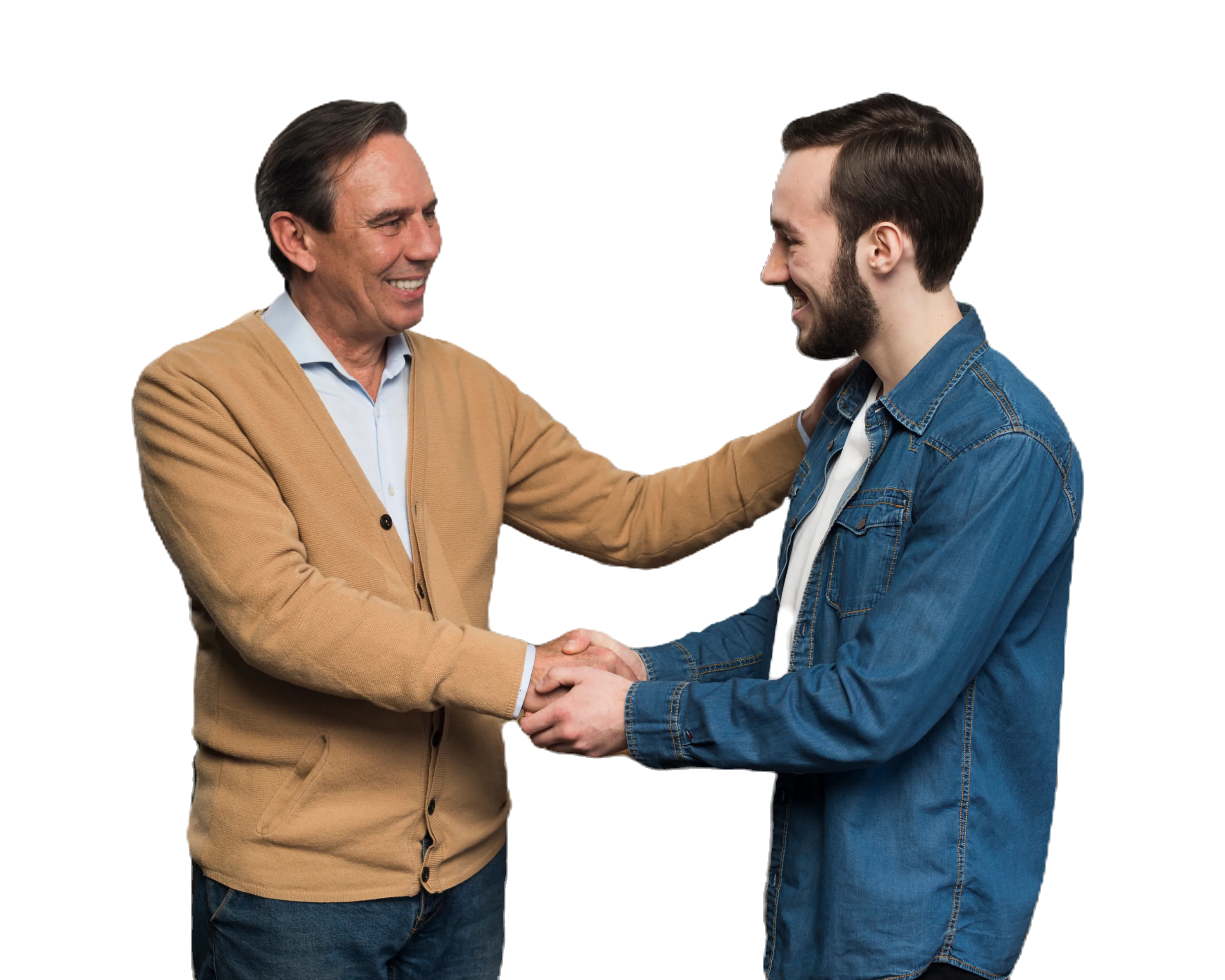 Two men shake hands warmly, demonstrating positive relationships fostered through CAQA LLND's skills development programs.